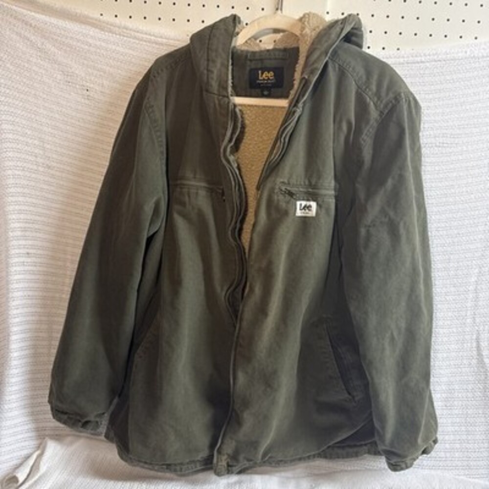 Lee Men's Hooded Zipper Jacket Canvas Sherpa Lined Dark Olive L